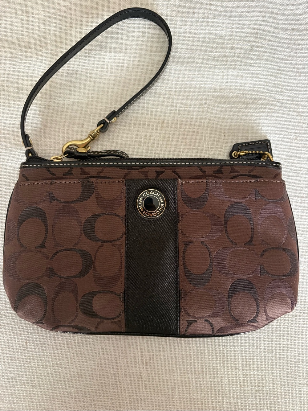 Coach Brown Signature Canvas Wristlet with Dark Trim